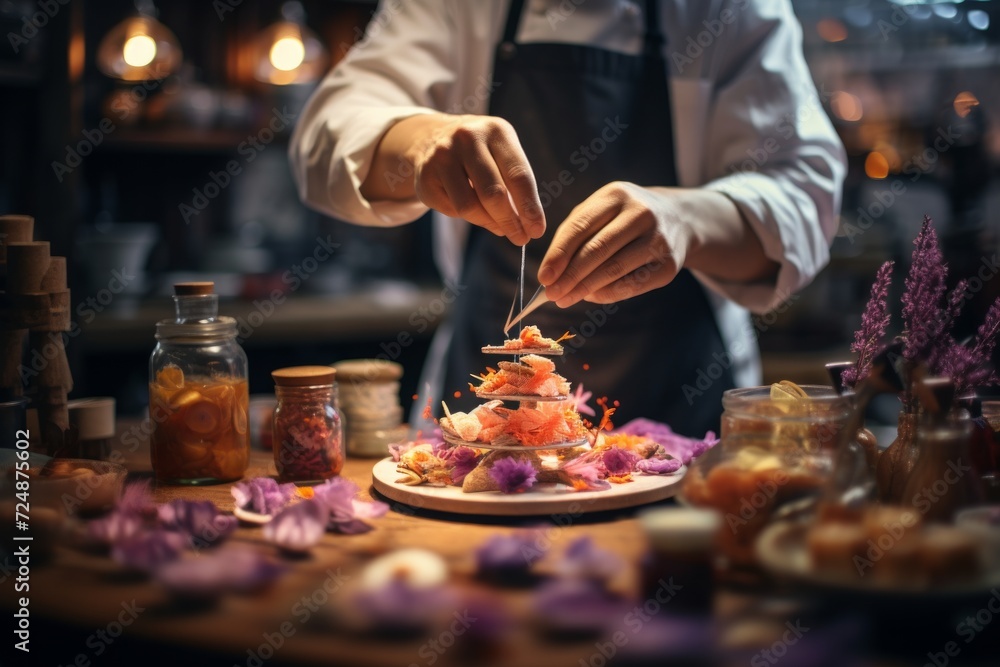 Food stylist crafting visually stunning culinary delights, cinematic style with blurred background