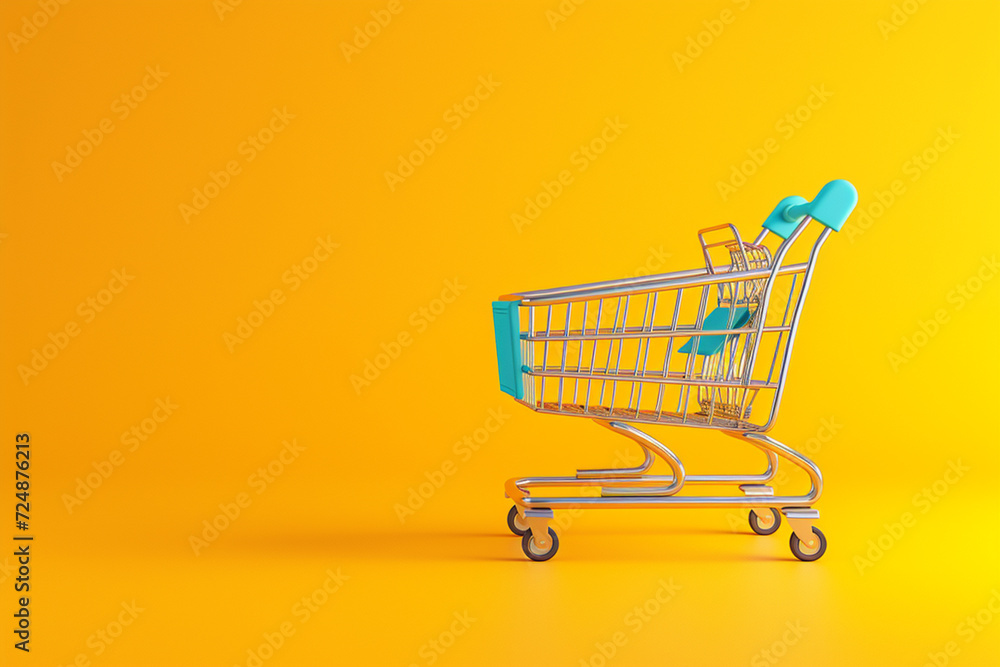 Shopping cart with the concept of shopping in 3D illustration style on a colorful background Shopping cart with the concept of shopping in 3D illustration style on a colorful background