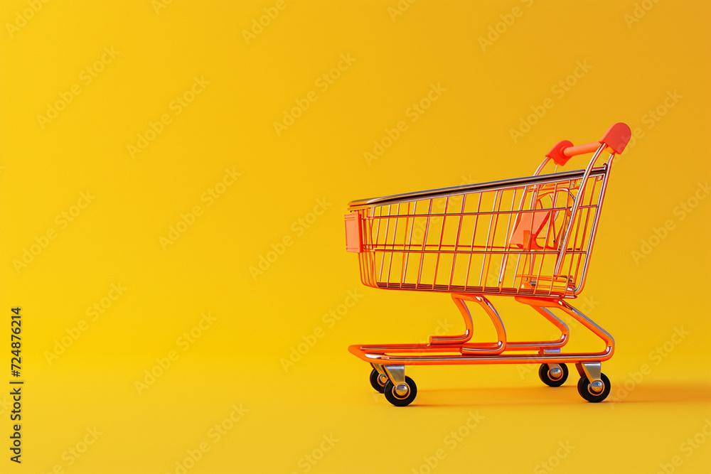Shopping cart with the concept of shopping in 3D illustration style on a colorful background Shopping cart with the concept of shopping in 3D illustration style on a colorful background