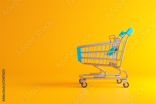 Shopping cart with the concept of shopping in 3D illustration style on a colorful background