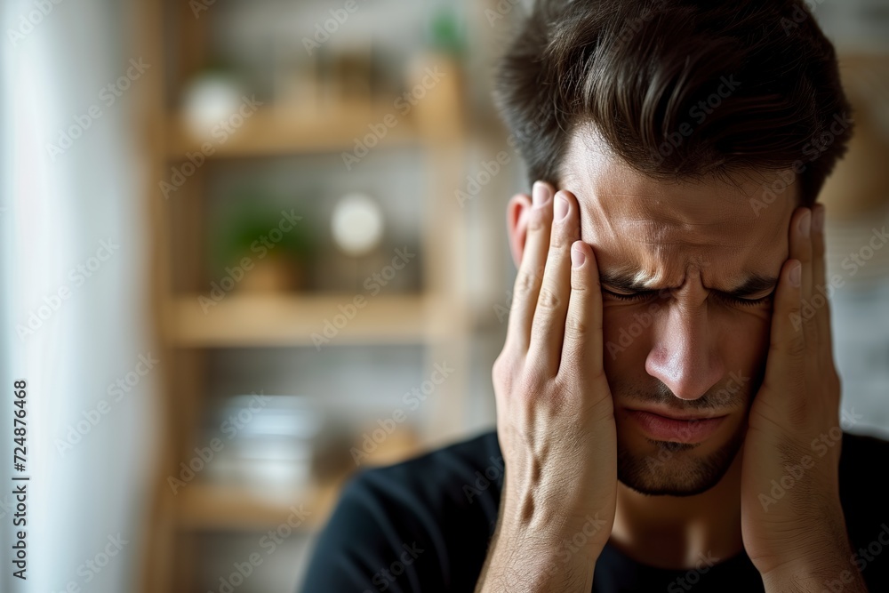 A man clutching his temples with his hands closing his eyes in pain. Severe headache or chronic migraine. Man with an expression of great pain.