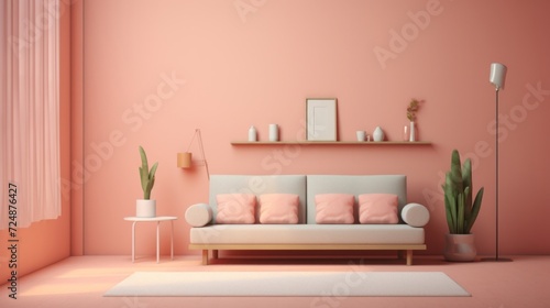 minimalist hall room with shelf sofa and pillows in pastel pink color,generated with AI. High quality photo