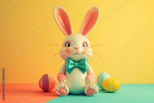 Rabbit in Easter concept in 3D illustration style on a colorful background