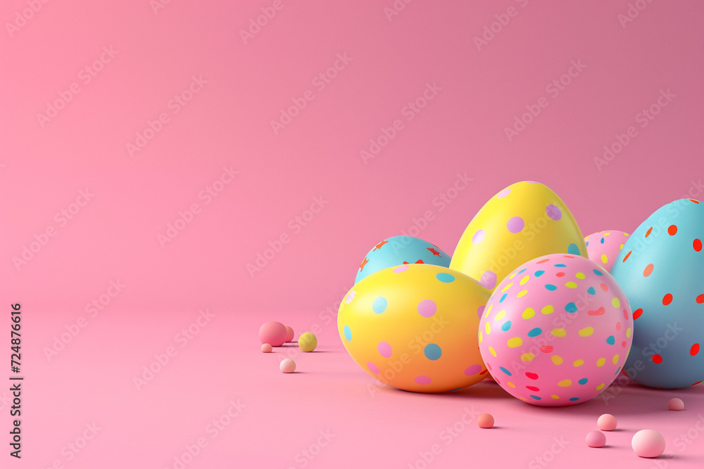 Easter eggs in the concept of Easter in 3D illustration style on a colorful background