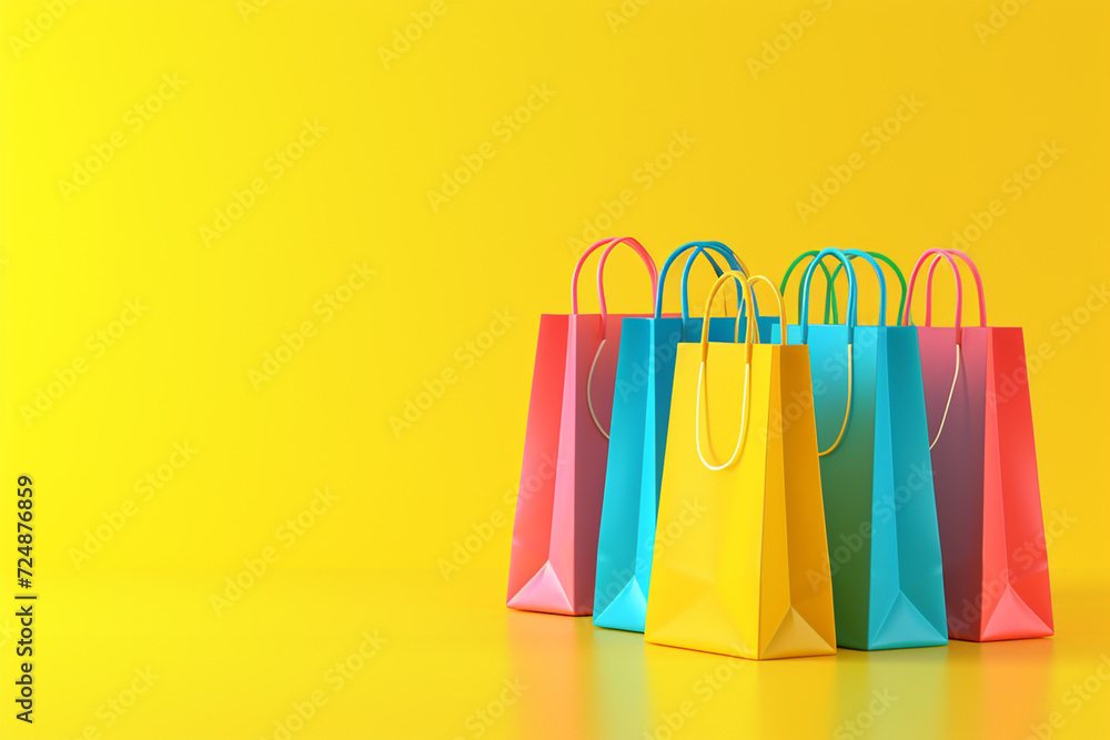 Shopping bags in the concept of online shopping in 3D illustration style on a colorful background