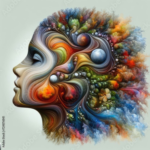 a surreal and artistic representation of a human profile, with the head filled and surrounded by various elements of nature.