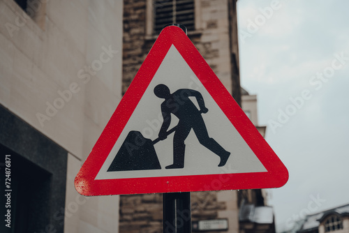 Road works sign on a street in the City of London, London, UK.