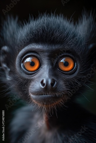 Portrait of a black monkey with orange eyes in a photo studio. Portrait d'un singe noir avec des yeux oranges dans un studio photo. © Jerome Mettling