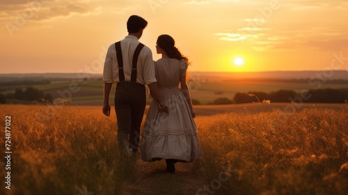 Young couple enjoying the sunset in the meadow