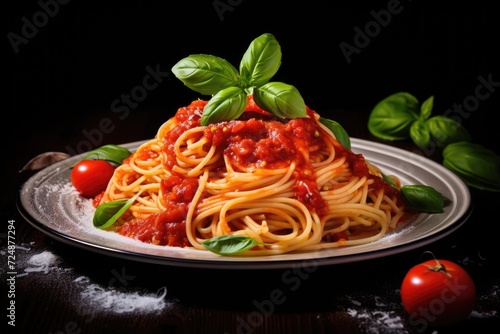 Italian Gastronomy: Professional photo of spaghetti with tomato sauce and basil