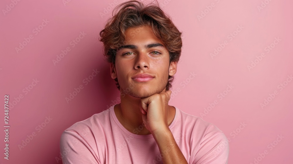 Handsome Young Man Contemplating in Pink Casual Wear Handsome Young Man Contemplating in Pink Casual Wear