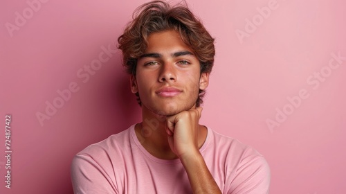 Handsome Young Man Contemplating in Pink Casual Wear
