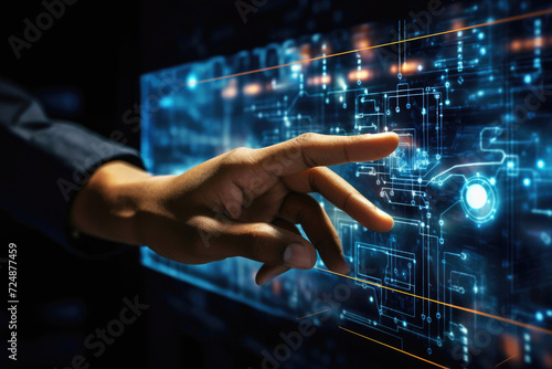 Close-up of engineer hand touch digital virtual screen. Artificial Intelligence (AI). Deep machine learning innovation technology concept. Data science.