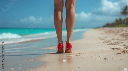 Legs and feet of a woman in red stiletto heels on the beach. Jambes et pieds d'une femme en talon aiguilles rouge sur la plage.