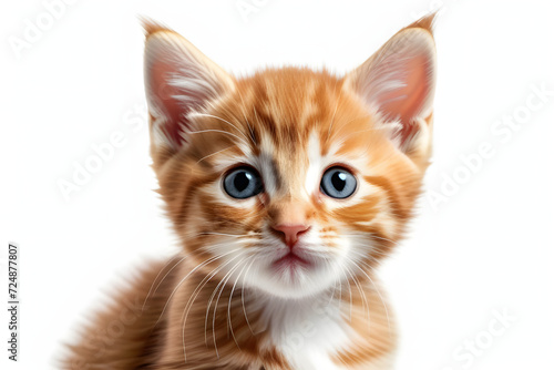 Ginger Kitten with Blue Eyes Looking at Camera on White Background