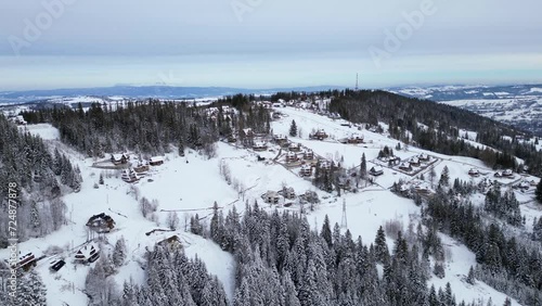 Panoramic drone view of the mountains in winter. The most popular mountain place in the Polish Tatra Mountains - Zakopane