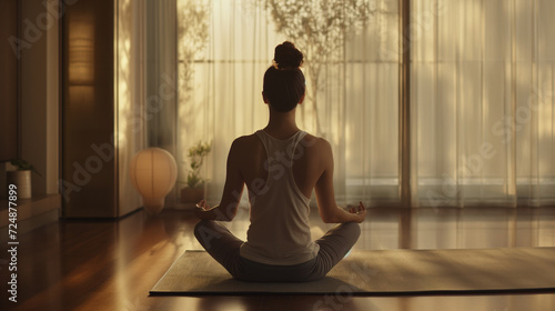 Frau sitzt im Wohnzimmer und meditiert oder macht Yoga zur Entspannung Generative AI photo