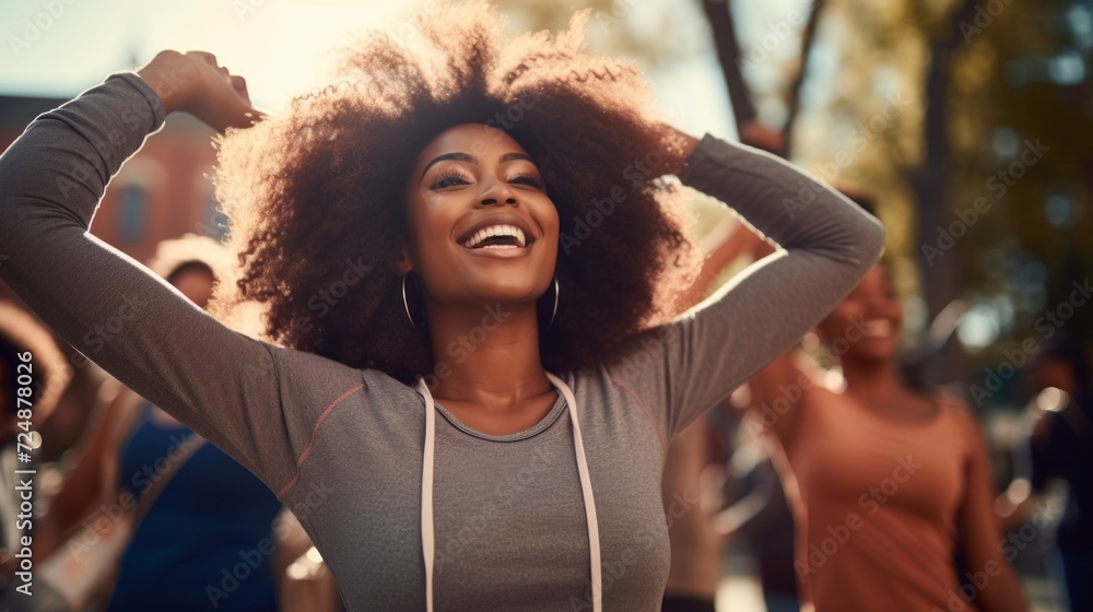 Close up of happy young woman training at park. Group of happy african american women exercising together outdoors. Healthy lifestyle concept. - obrazy, fototapety, plakaty 