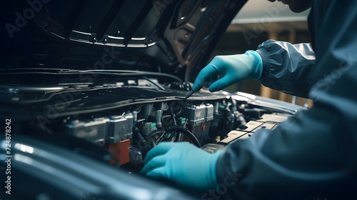 Selective focus hands in gloves of expert technicain electric car, EV car while opened A used Lithium-ion car battery before its repair.