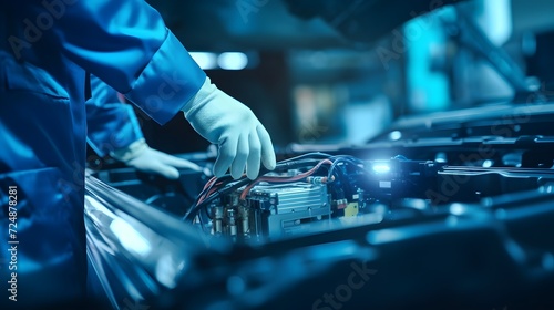 Selective focus hands in gloves of expert technicain electric car, EV car while opened A used Lithium-ion car battery before its repair. photo