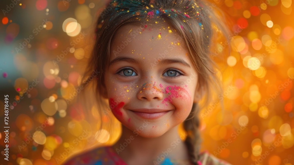 Portrait of smiling cute little girl being showered by colored powders during holi festival, poster Portrait of smiling cute little girl being showered by colored powders during holi festival, poster
