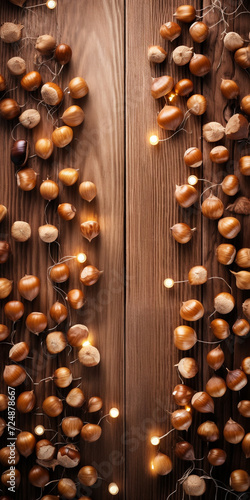 hazelnuts spilled on light wood table, overhead view сreated with Generative Ai