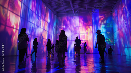 Modernes Museum für Lichterkunst mit Personen und Lichteffekten Technologie Ausstellung Generative AI
