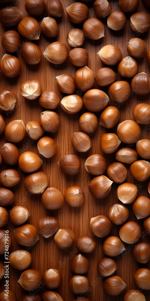 hazelnuts spilled on light wood table, overhead view сreated with Generative Ai hazelnuts spilled on light wood table, overhead view сreated with Generative Ai