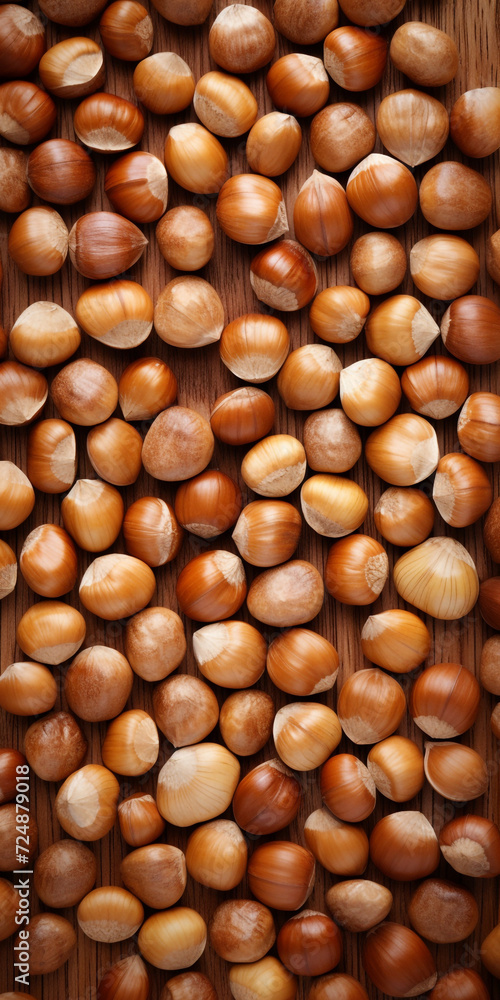 hazelnuts spilled on light wood table, overhead view сreated with Generative Ai hazelnuts spilled on light wood table, overhead view сreated with Generative Ai
