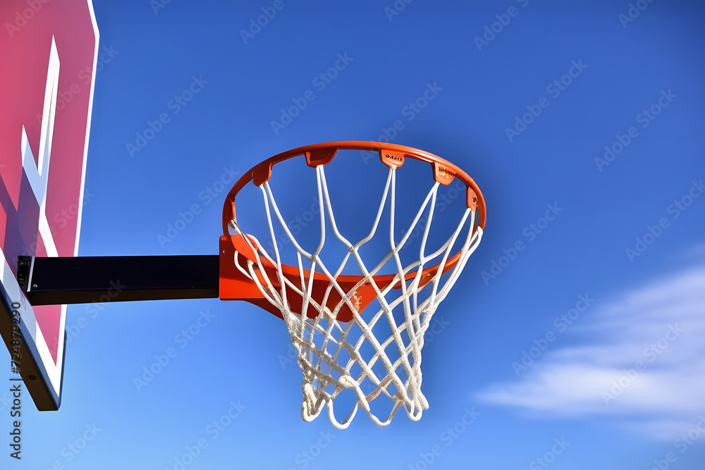 Basketball hoop isolated on blue sky background with clouds in the distance