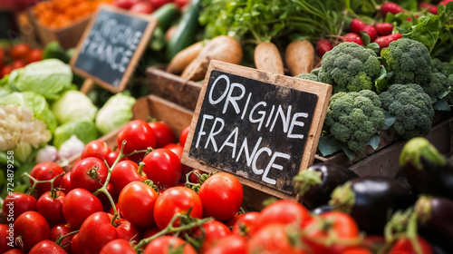stand de légumes avec pancarte "Origine France" sur un stand de marché