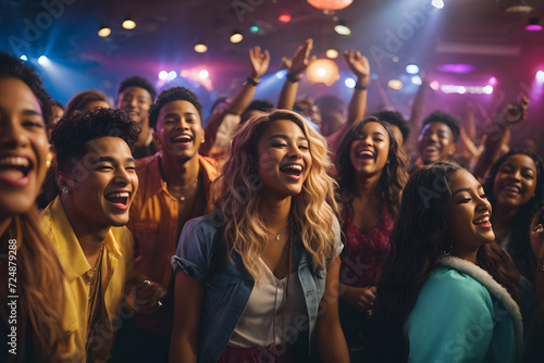 Group of cheerful young friends having fun singing karaoke and dancing at New Year Eve party. Group of diverse team mates in funny wig and costume having fun dancing and singing together in microphone