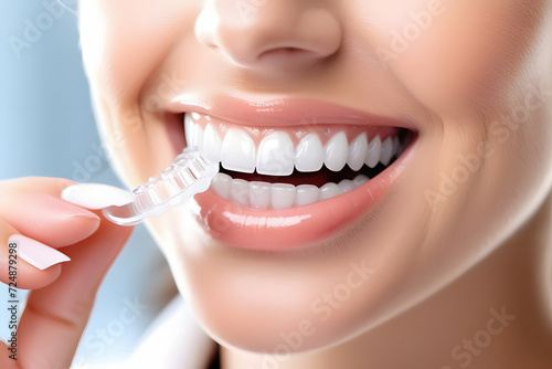Close-up of a woman with a perfect smile holding a clear aligner in her hand