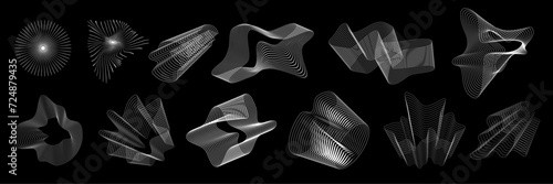 Futuristic retro 3D element set, vector cyberpunk grid wave shape, wireframe space collection. Geometric y2k technology wavy dynamic object, organic structure energy sign. Line futuristic shapes
