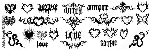 Gothic tattoo heart set, u2k love logo emo vintage decoration divider frame vector butterfly print. 90’s punk romance grunge sticker, Valentine dark groovy fashion clipart. Gothic heart retro sign