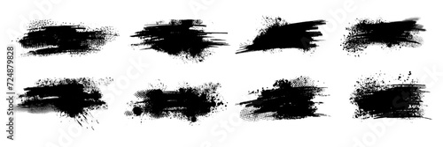 Ink splatter set, paint brush stroke kit, vector black grunge stain, graffiti texture liquid splash. Abstract dirty blob, messy shape drawing collection isolated on white. Ink splatter print element