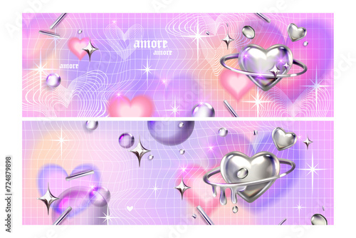 Y2k blur gradient heart background, love futuristic poster, vector trendy chrome 3D shapes grid. Abstract romantic aesthetic Valentine Day holiday banner, silver heart, 2000s party. Y2k background