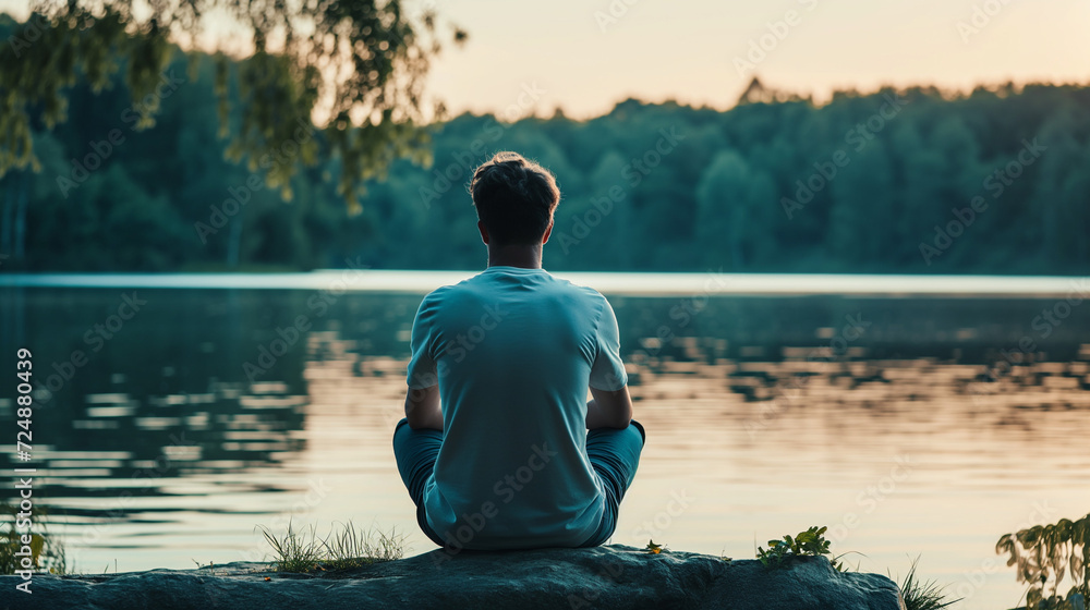 Person von hinten sitzt an einem See und ist einsam und allein in einem Gebirge innere Kraft finden Generative AI - obrazy, fototapety, plakaty 