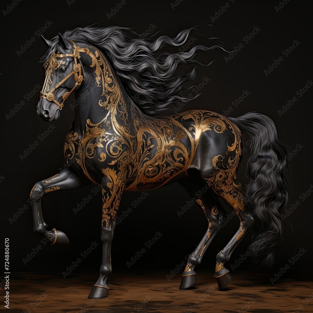 A majestic black and gold horse sculpture with a long mane and standing on its hind legs, beautifully crafted as a toy