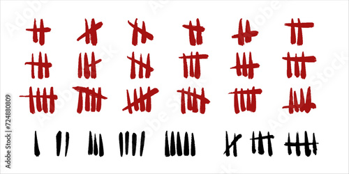 Set of vector icons. Wall tally marks. Black, red grunge slash strokes on white backdrop
