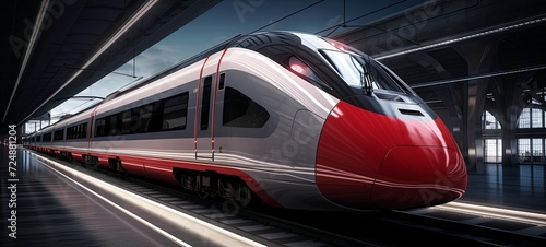 view of modern train of red, white and grey colour , generated by AI