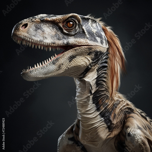 female velociraptor, white/gray skin with brown and black stripes сreated with Generative Ai