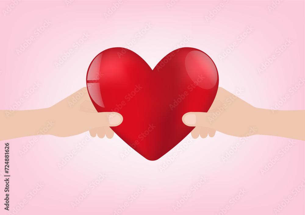Hand Holding Red Heart on Pink Background. Concept of Valentine's Day or Wedding. Vector Illustration. Hand Holding Red Heart on Pink Background. Concept of Valentine's Day or Wedding. Vector Illustration.