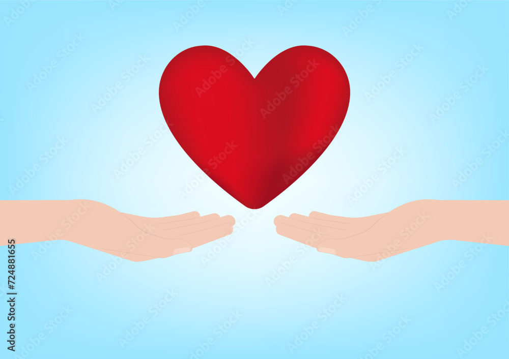 Hand Holding Red Heart on Blue Background. Concept of Valentine's Day and Mother's Day. Vector Illustration. Hand Holding Red Heart on Blue Background. Concept of Valentine's Day and Mother's Day. Vector Illustration.