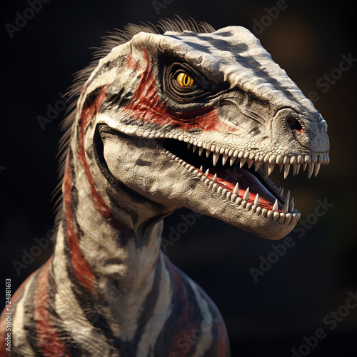 female velociraptor  white gray skin with brown and black stripes   reated with Generative Ai