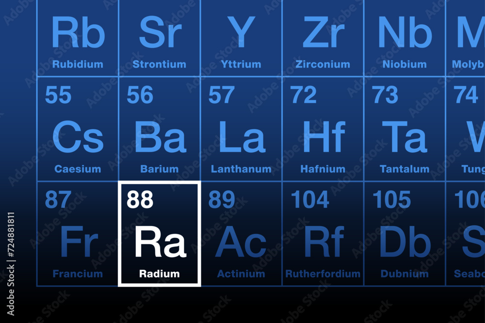 Radium element on the periodic table. Radioactive alkaline earth metal