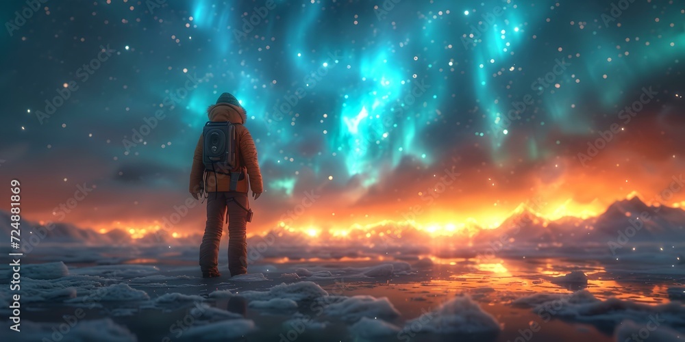Lone explorer facing a spectacular aurora borealis. vivid night sky, surreal landscape. inspirational journey scene. AI