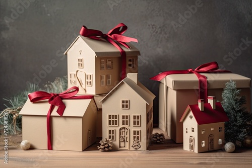 kraft paper gift boxes with a wooden house perched on top in the shape of a fir tree. Background in red. Simple Christmas flat lay composition. Christmas mood 16 9 copy space. New Year's idea