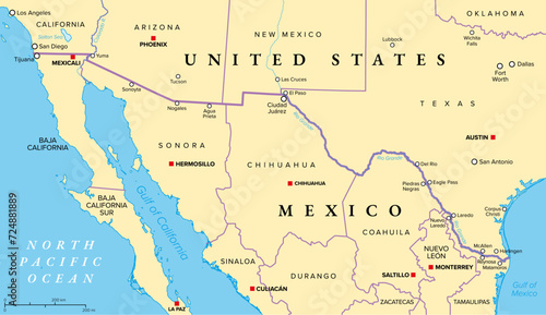 Mexico-United States border political map. International border between the countries Mexico and the USA, with states, capitals, and most important cities. Most frequently crossed border in the world.