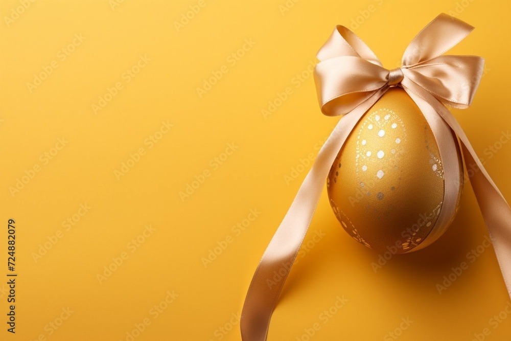 happy Easter gift and decorations. colorful egg with shiny ribbon bow on springtime meadow background. Template for label, gift greeting card, promotional banner or ticket price